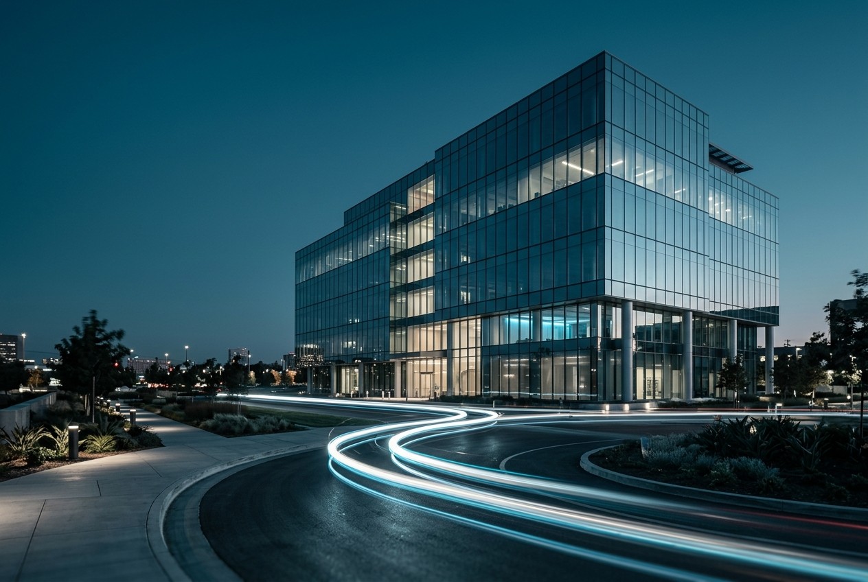 Edificio illuminato di notte attraversato da tracce di luce, immagine di crescita e innovazione